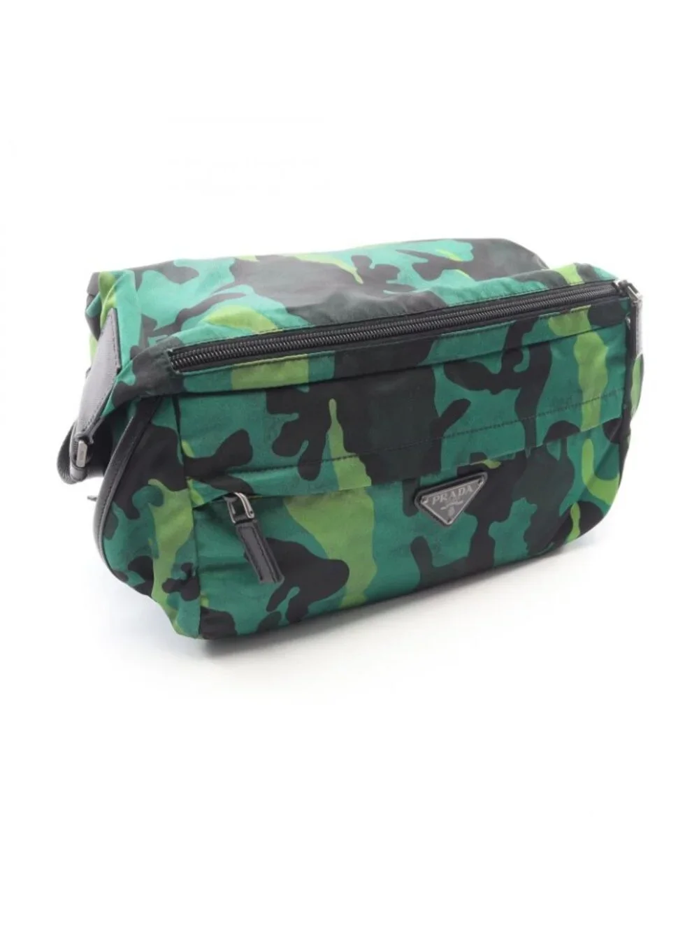 Prada Shoulder Bag Tessuto Camoufl Green Black Nylon Saffiano Leather Camouflage